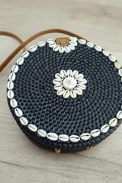 Çanta Deniz Kabuklu Bambu Rattan El Yapımı Deri Askı Kadın Hasır Omuz Çantası Siyah Renk - 2