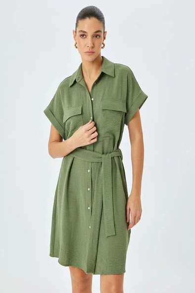 Koton Cep Detaylı Kısa Kollu Düğmeli Kuşak Detaylı Gömlek Elbise