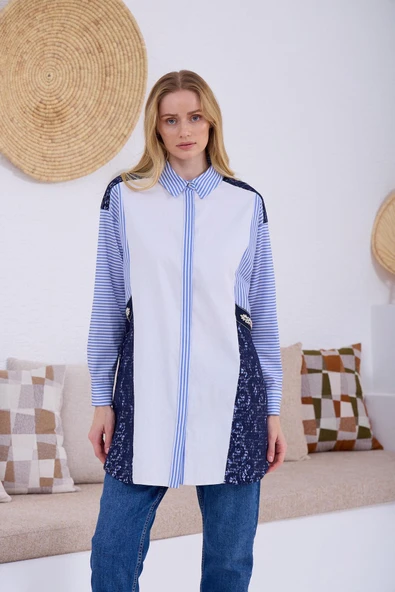 DANTEL DETAYLI ÇİZGİLİ GÖMLEK - 2