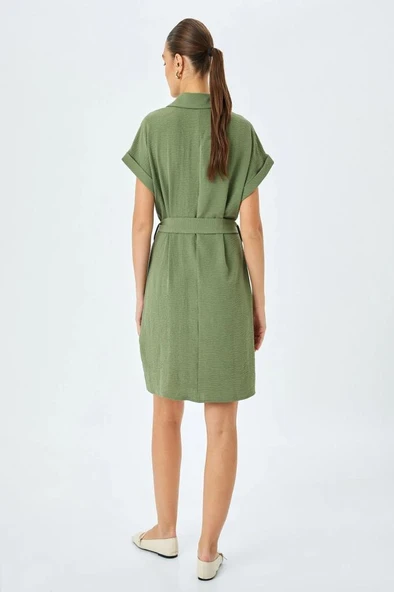 Koton Cep Detaylı Kısa Kollu Düğmeli Kuşak Detaylı Gömlek Elbise - 4