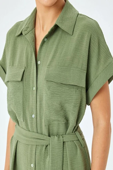 Koton Cep Detaylı Kısa Kollu Düğmeli Kuşak Detaylı Gömlek Elbise - 5