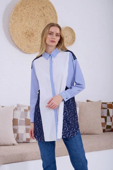 DANTEL DETAYLI ÇİZGİLİ GÖMLEK