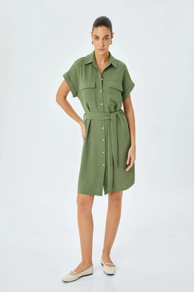 Koton Cep Detaylı Kısa Kollu Düğmeli Kuşak Detaylı Gömlek Elbise - 3