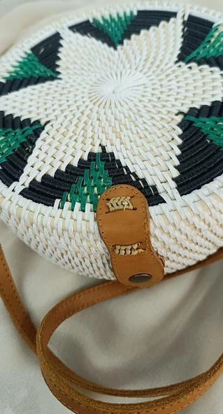 Çanta Bambu Rattan El Yapımı Deri Askı Kadın Hasır Omuz Çantası Beyaz Renk - 5