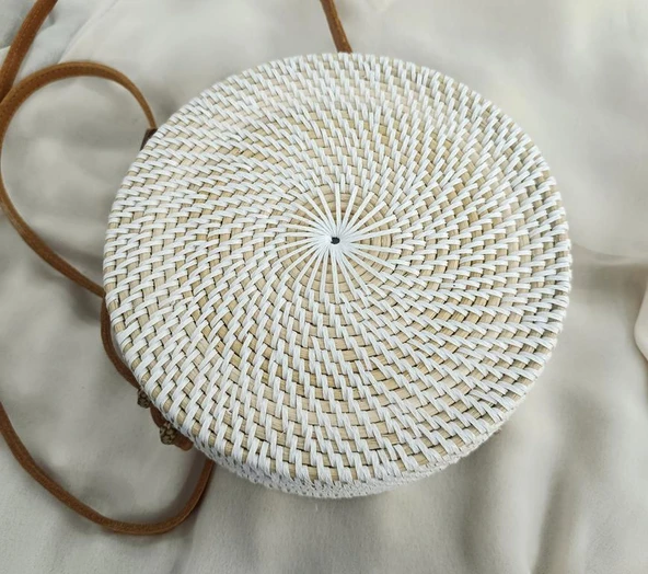 Çanta Bambu Rattan El Yapımı Deri Askı Kadın Hasır Omuz Çantası Beyaz Renk - 3