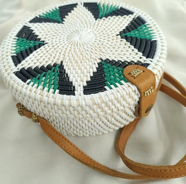 Çanta Bambu Rattan El Yapımı Deri Askı Kadın Hasır Omuz Çantası Beyaz Renk - 6
