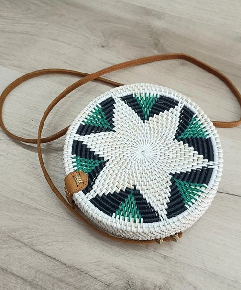 Çanta Bambu Rattan El Yapımı Deri Askı Kadın Hasır Omuz Çantası Beyaz Renk - 2