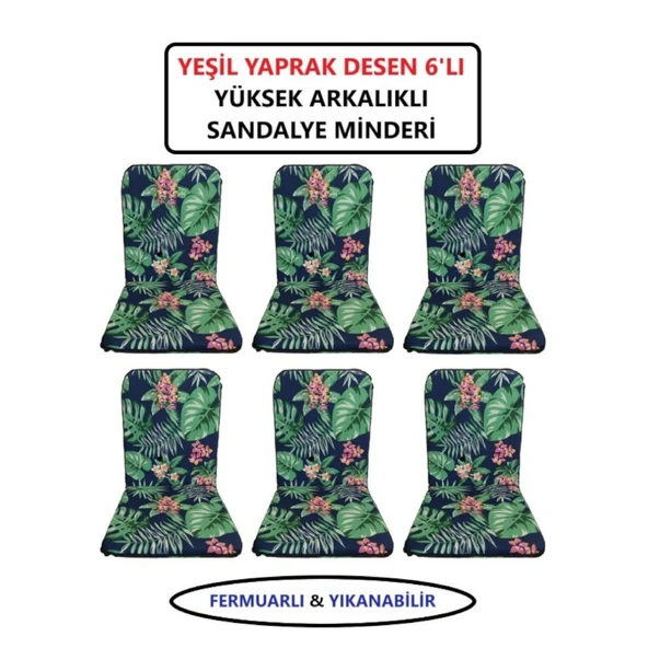 LÜKS ARKALIKLI SANDALYE MİNDERİ 6LI 4CM SÜNGERLİ YEŞİL YAPRAK DESEN