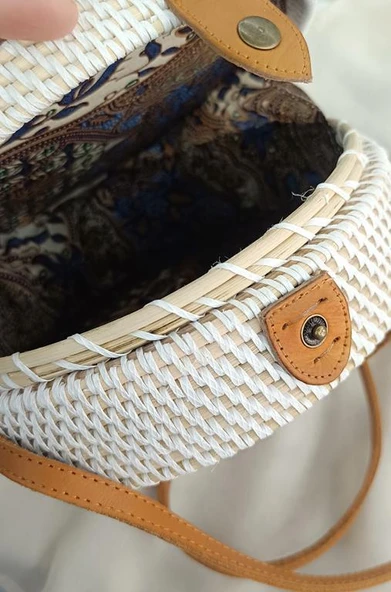 Çanta Bambu Rattan El Yapımı Deri Askı Kadın Hasır Omuz Çantası Beyaz Renk - 4