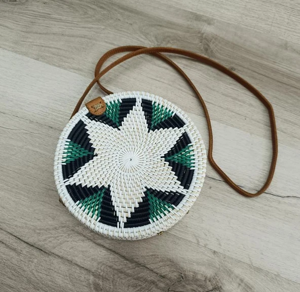 Çanta Bambu Rattan El Yapımı Deri Askı Kadın Hasır Omuz Çantası Beyaz Renk