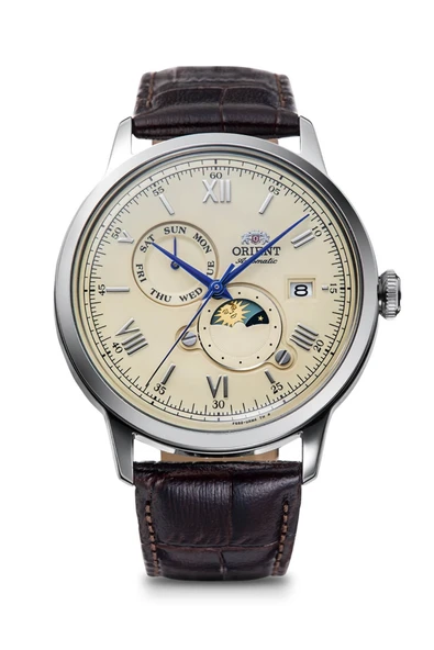 Orient Kurmalı Otomatik Deri Kahverengi Sun&Moon Kristal Mineral Cam 41 mm Erkek Kol Saati