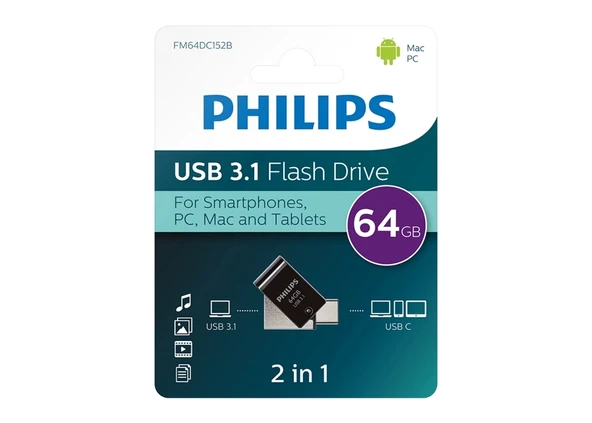 Flash Bellek 64 GB Mini Usb Ve Type-C 3.1 Philips Gece Siyahı