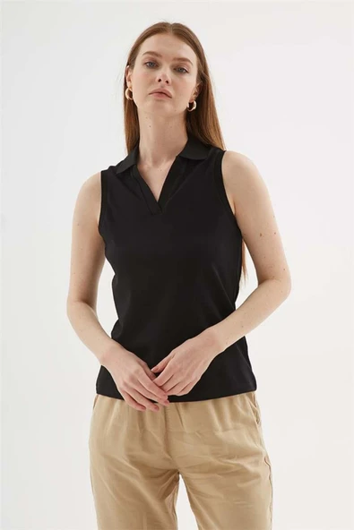 FASHION FRIENDS KADIN POLO V YAKA KOLSUZ T-SHİRT 25Y0516K1 - 9