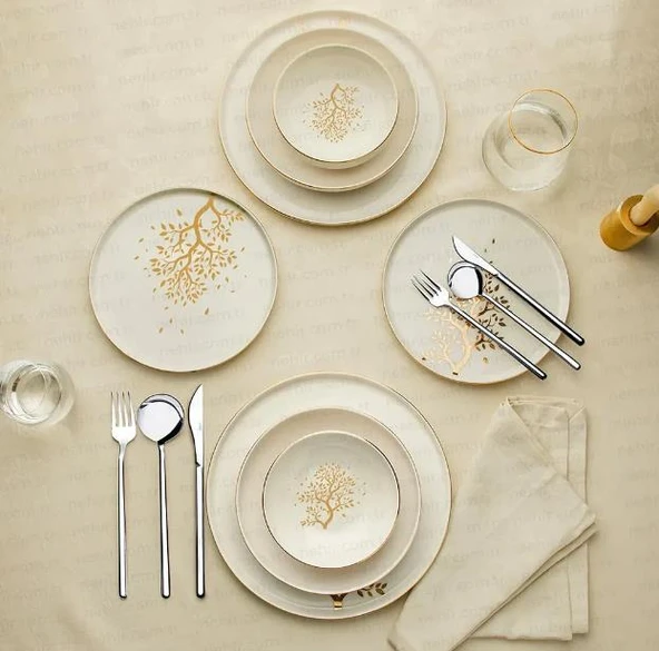 Nehir Duru Hayat Ağacı Yaldızlı 24 Parça Porselen Yemek Takımı