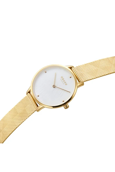 Obaku Denmark V295LXGWHG Quartz Çelik Hasır Altın Rengi Beyaz Kadran 34 mm Kadın Kol Saati - 5