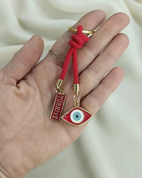 Anahtarlık Nazar Kötü Göz Cam Boncuklu Taşlı Araba Çanta Cüzdan Süsü Türkiye Yazılı - Resim 2