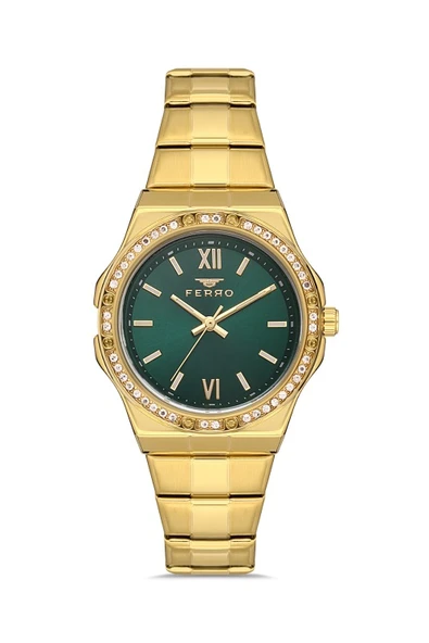 Ferro FL21358A-B6 Quartz Çelik Gold Yeşil Kadran 34 mm Kadın Kol Saati - 2