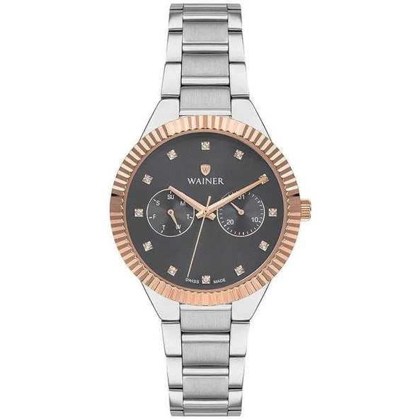 Wainer WA.18038-E Quartz Swiss Made Çelik Gri Siyah Kadran 37 mm Kadın Kol Saati