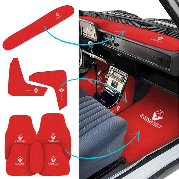 Renault 12 Toros Nakışlı Kırmızı Oto Halı Paspas Torpido Koruma Halısı Vites Konsol Koruma Seti