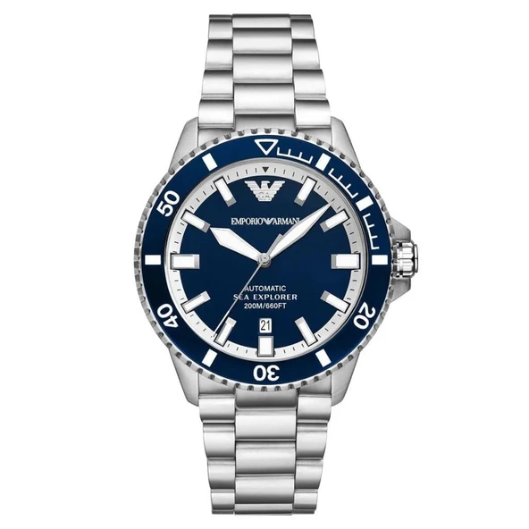 Emporio Armani AR60079 Otomatik Çelik Gri Mavi Kadran Safir Cam 20 ATM 42 mm Erkek Kol Saati