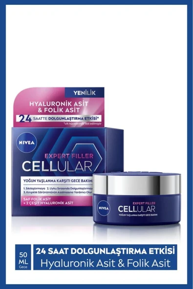 NIVEA Cellular Expert Filler Yoğun Yaşlanma Karşıtı Gece Yüz Bakım Kremi 50ml, Hyaluronik Asit, Folik Asit