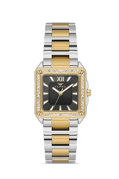 Ferro Quartz Çelik Altın/Gri Siyah Kadran 28 mm Kadın Kol Saati - 2