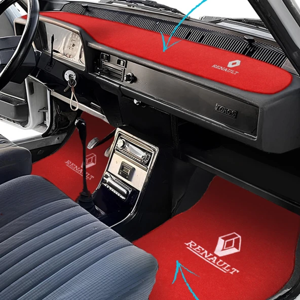 Renault 12 Toros Nakışlı Kırmızı Oto Halı Paspas Renault 12 Toros Kırmızı Torpido Kaplama Halısı