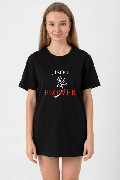 Jisoo Flower Siyah Kadın Oversize Tshirt ürün görseli 1