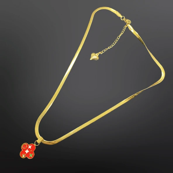 Kırmızı Yonca Figürlü Gold Renk Antialerjik 316L Çelik Kolye - Şık ve Zarif Tasarım ürün görseli 1