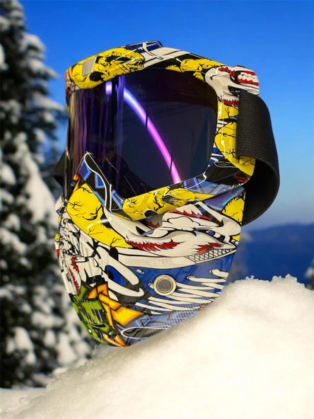 Tex 710 Jet Maske Bisiklet Motosiklet Kayak Çok Amaçlı Maske Mor Cam Aynalı Gözlük Joker Desenli - 3