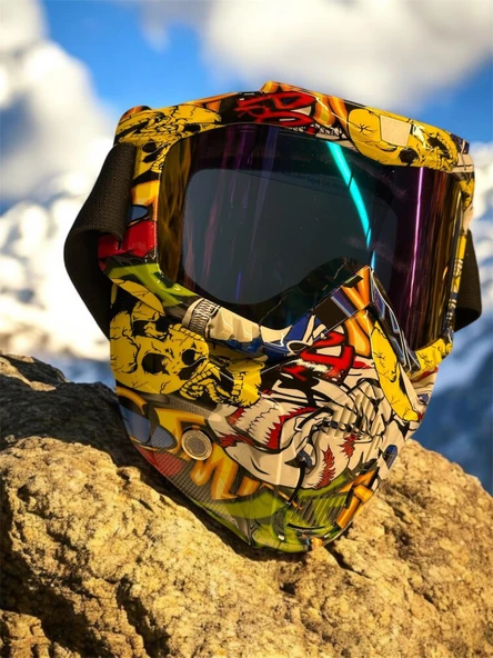 Tex 710 Jet Maske Bisiklet Motosiklet Kayak Çok Amaçlı Maske Mor Cam Aynalı Gözlük Joker Desenli - 2