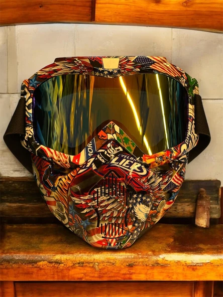 Tex 710 Jet Maske Bisiklet Motosiklet Kayak Çok Amaçlı Maske Mor Cam Aynalı Gözlük Kartal Desenli