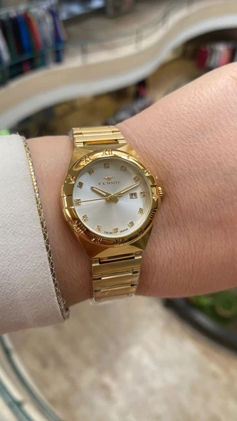 Ferro Quartz Çelik Altın Rengi 32 mm Kelebek Kilitli Kadın Kol Saati - Resim 3
