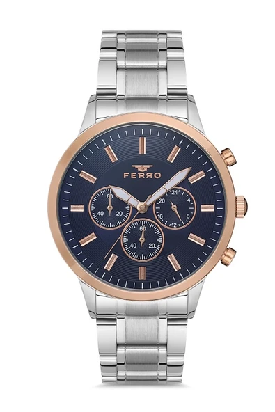 Ferro FM11145A-E3 Quartz Çelik Gri Lacivert Kadran 45 mm Erkek Kol Saati