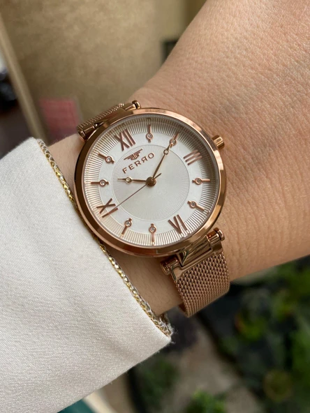 Ferro F21232C-C Quartz 34 mm Rose Hasır Kordon Kadın Kol Saati