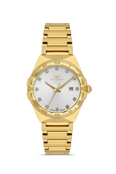 Ferro Quartz Çelik Altın Rengi 32 mm Kelebek Kilitli Kadın Kol Saati - Resim 5