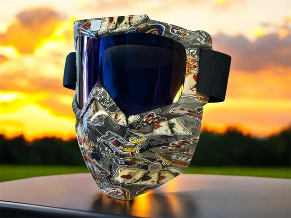 Tex 710 Jet Maske Bisiklet Motosiklet Kayak Çok Amaçlı Maske Mor Cam Aynalı Gözlük Poker Desenli - 4