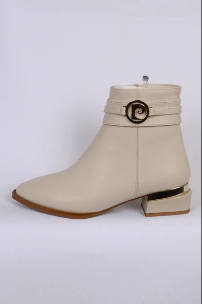 Pierre Cardin 54007 Hafif Topuklu Deri Yandan Fermuarlı Halhal Detaylı Krem Kadın Bot