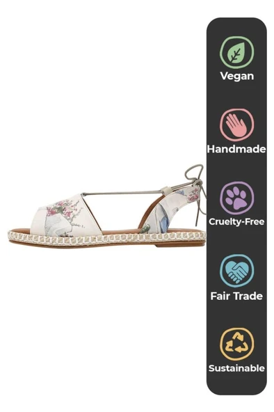 Kadın Vegan Deri Bej Bağcıklı Sandalet - Paperflower Tasarım - 7