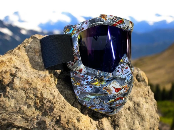 Tex 710 Jet Maske Bisiklet Motosiklet Kayak Çok Amaçlı Maske Mor Cam Aynalı Gözlük Poker Desenli - 3