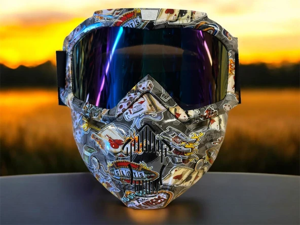 Tex 710 Jet Maske Bisiklet Motosiklet Kayak Çok Amaçlı Maske Mor Cam Aynalı Gözlük Poker Desenli - 2