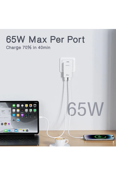 Hepu Hp-C36 Yeni Nesil 65W GAN 1 x Typ-C PD 1 x USB QC Şarj Adaptörü - 7