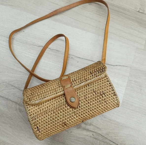 Çanta Bambu Rattan El Yapımı Deri Askı Kadın Hasır Omuz Çantası Kutu Model