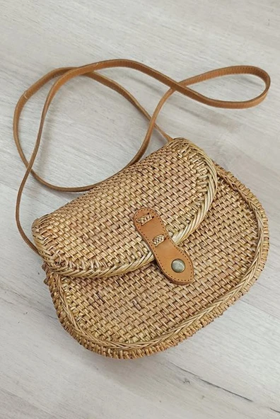 Çanta Bambu Rattan El Yapımı Deri Askı Kadın Hasır Omuz Çantası Kutu Model