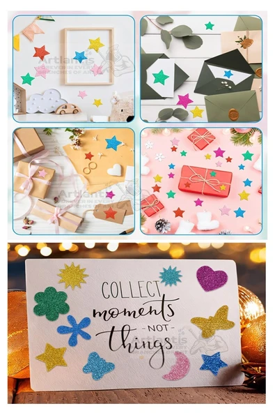 Şekilli Simli Eva Yapışkanlı 100 lü 1 Paket Kendinden Yapışkanlı Simli Eva Sticker Okul Öncesi Kreş Ana Okulu Süsleme - 4