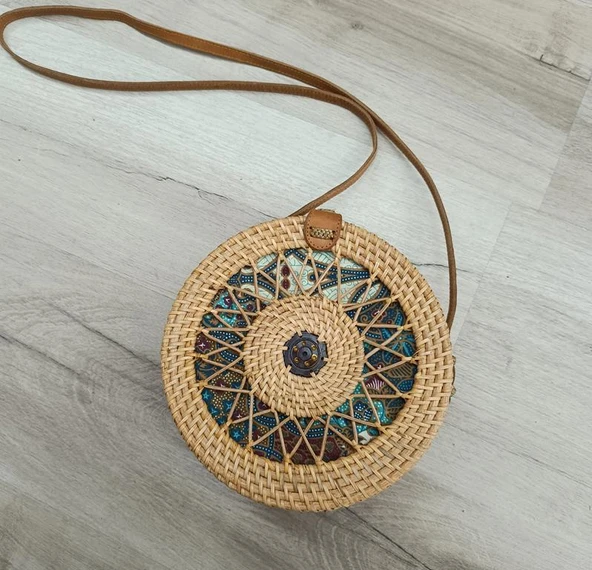 Çanta Desenli Bambu Rattan El Yapımı Deri Askı Kadın Hasır Omuz Çantası