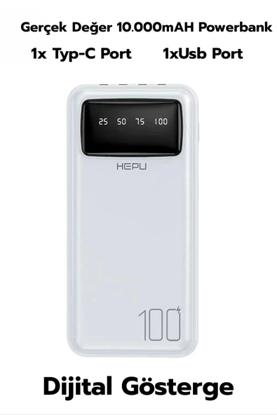 10.000mAH LCD  1 x Typ-C  1 x Usb Taşınabilir Şarj Cihazı Powerbank Hp-986
