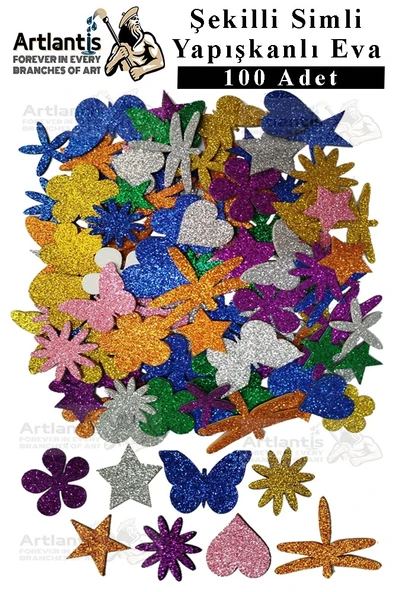 Şekilli Simli Eva Yapışkanlı 100 lü 1 Paket Kendinden Yapışkanlı Simli Eva Sticker Okul Öncesi Kreş Ana Okulu Süsleme