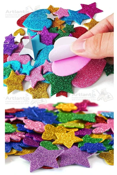 Şekilli Simli Eva Yapışkanlı 100 lü 1 Paket Kendinden Yapışkanlı Simli Eva Sticker Okul Öncesi Kreş Ana Okulu Süsleme - 3