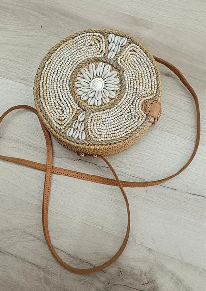 Çanta Deniz Kabuklu Boncuklu Bambu Rattan El Yapımı Deri Askı Kadın Hasır Omuz Çantası Taba Renk